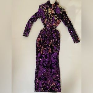 Jluxlabel Purple Long Sleeves Sequin Mid cut-out High Collar Midi Dress Small